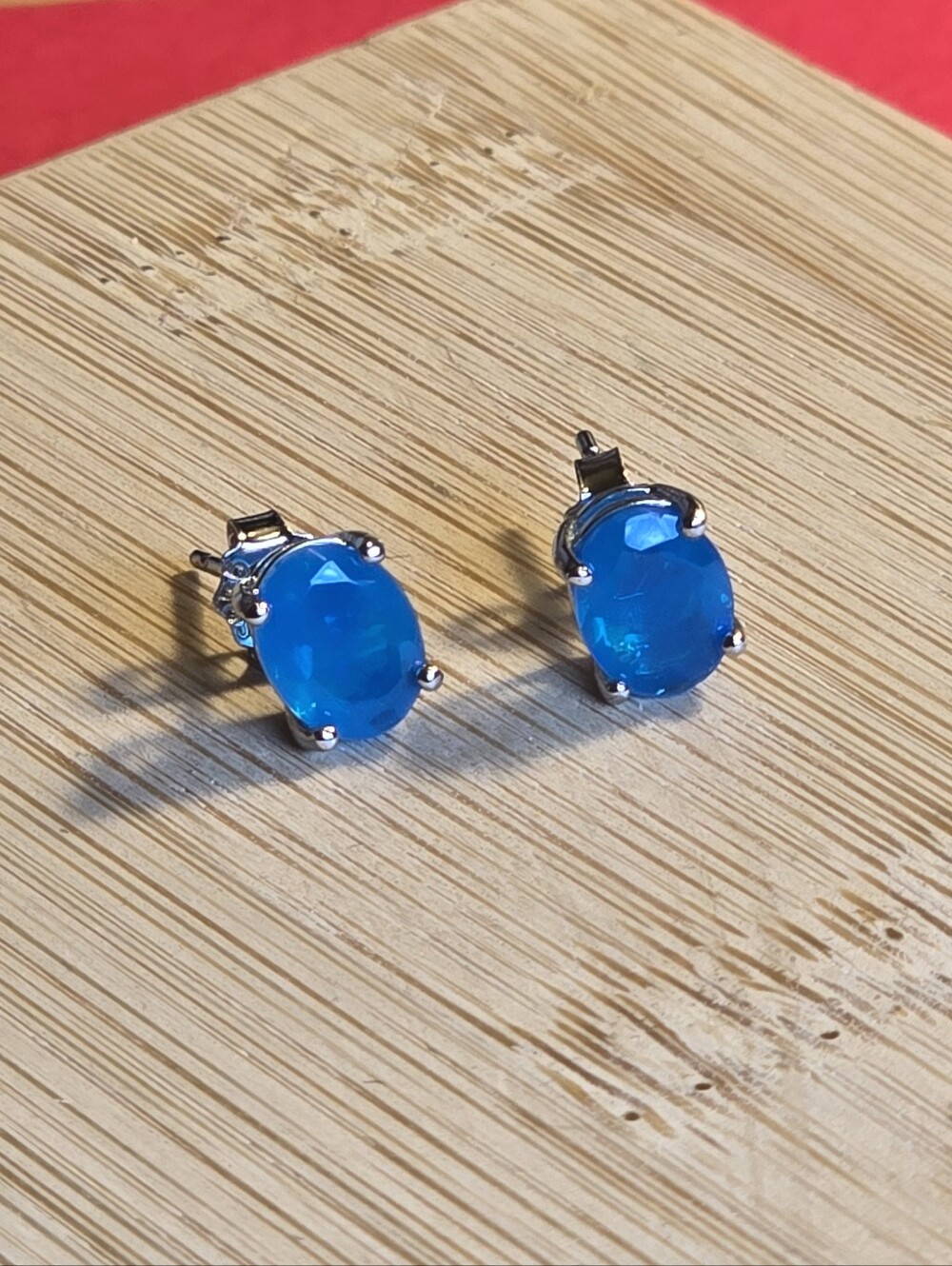 925 Sterling Silver Stud Earrings 5x7mm With Natural Blue Opal